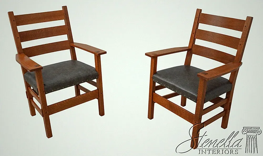 60026: Pair STICKLEY Mission Oak Leather Seat Armchairs