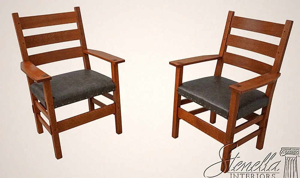 60027: Pair STICKLEY Leather Mission Oak Seat Armchairs