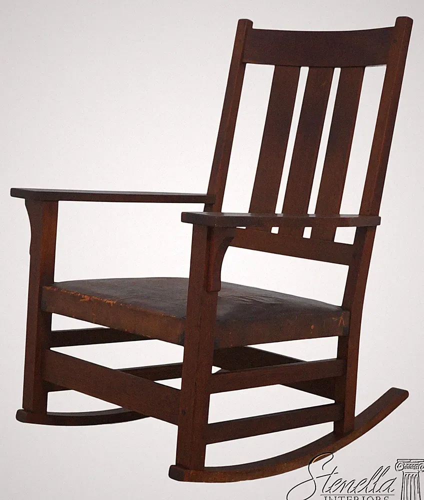 72520: STICKLEY Antique Mission Style Oak Leather Seat Rocking Chair