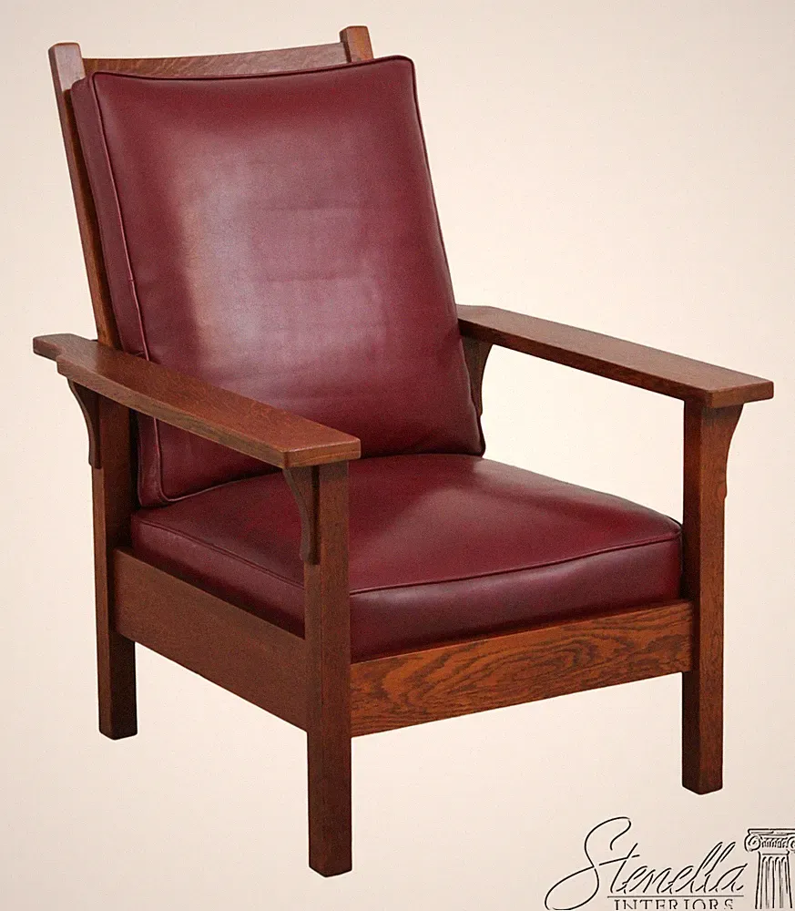 72523: Gustav STICKLEY Antique Mission Oak Leather Reclining Morris Chair