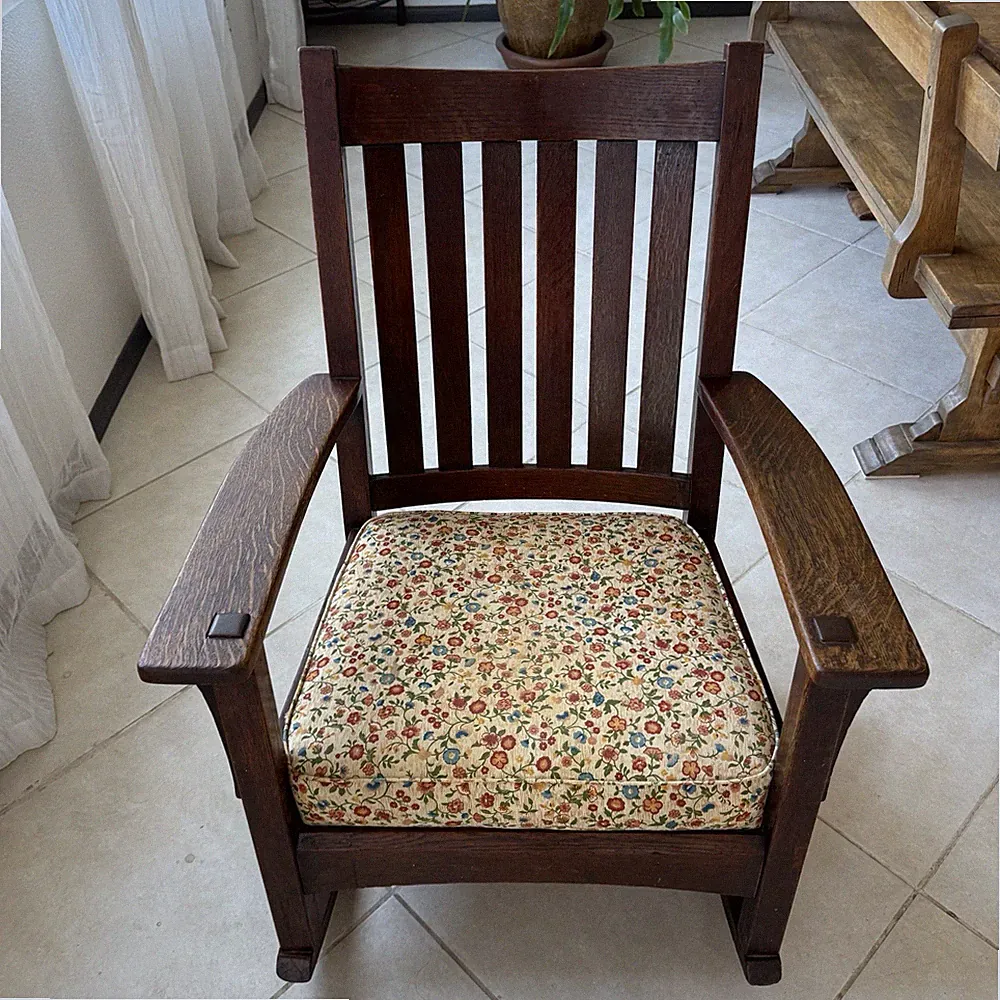 Antique L.&J.G. Stickley Mission Oak Arts & Crafts Tiger Oak Rocking Chair #817