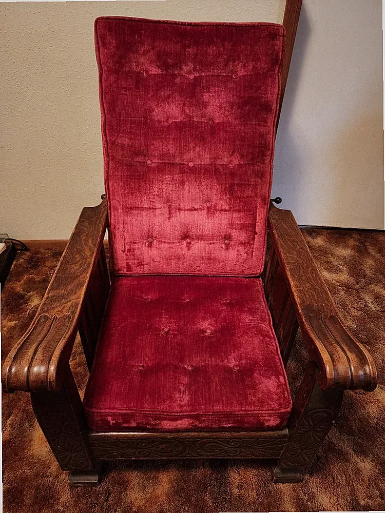 Antique OAK Morris Stickley Mission Recliner Chair RED VELVET, Rare EUC