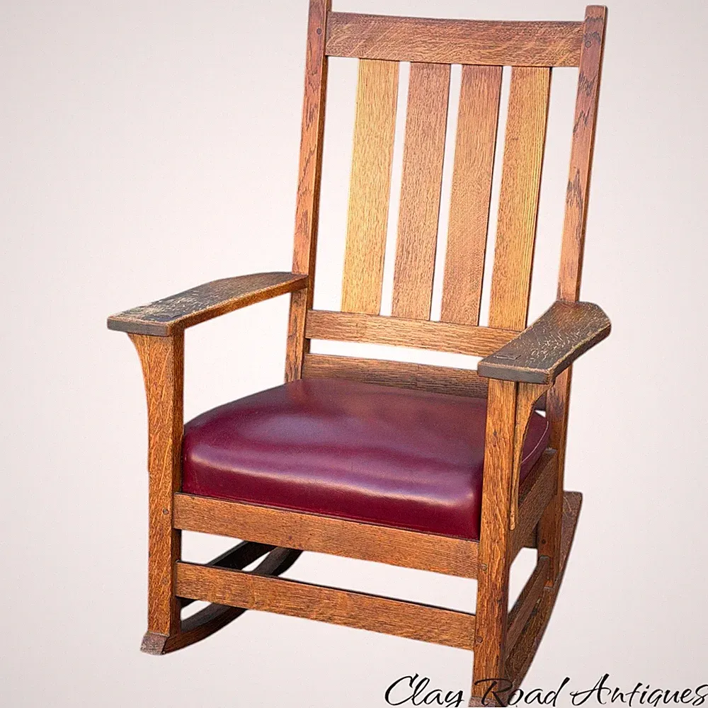 Antique signed L. & J. G. Stickley leather rocking Chair mission arts crafts