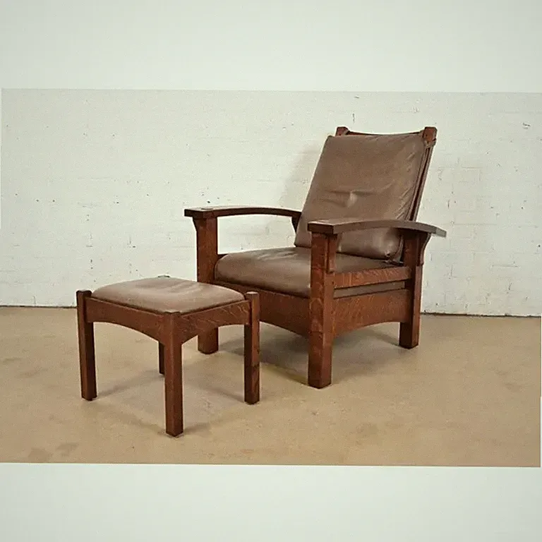 Gustav Stickley Mission Oak Arts & Crafts Bow Arm Reclining Morris Lounge Chair