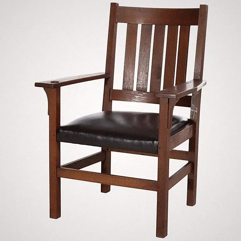 JM Young & Stickley Inspired Oak & Leather Slat Back Armchair c1920
