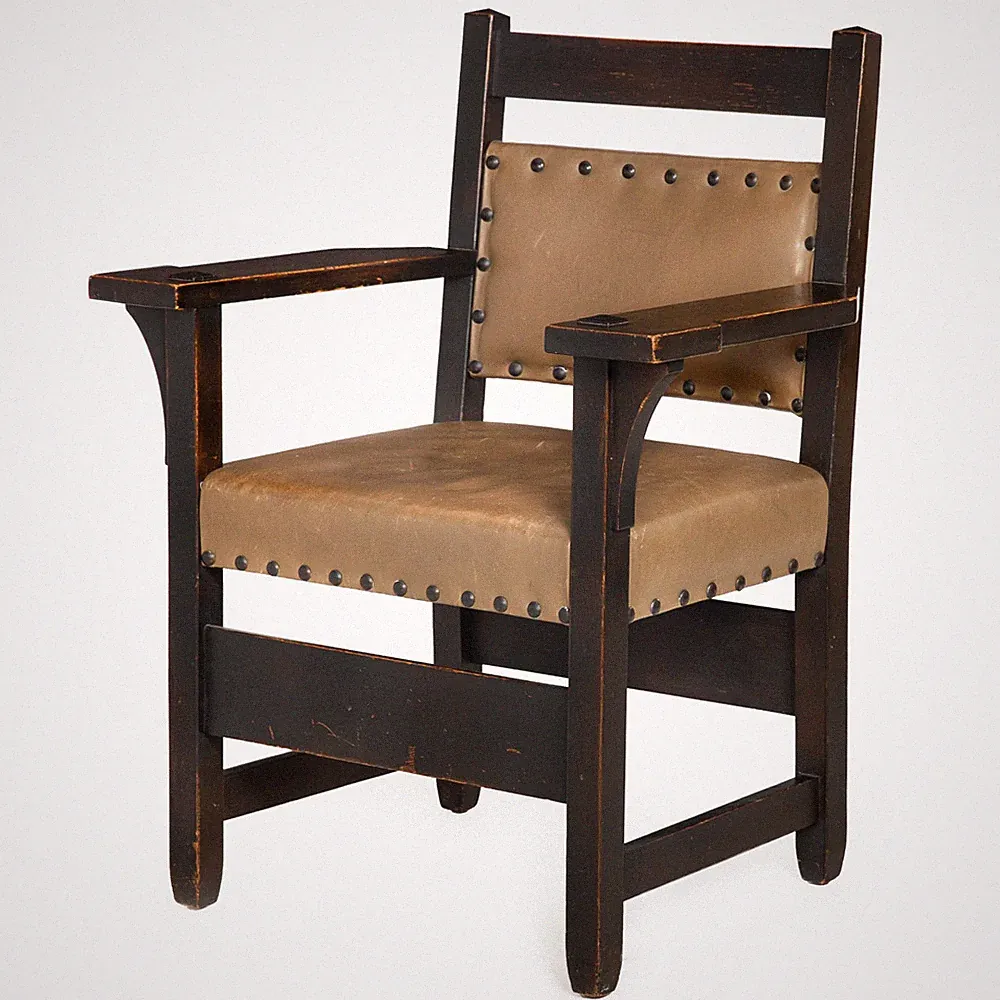 Scarce Gustave Stickley Model 360 Artrs & Crafts Oak Leather Arm Chair c. 1910