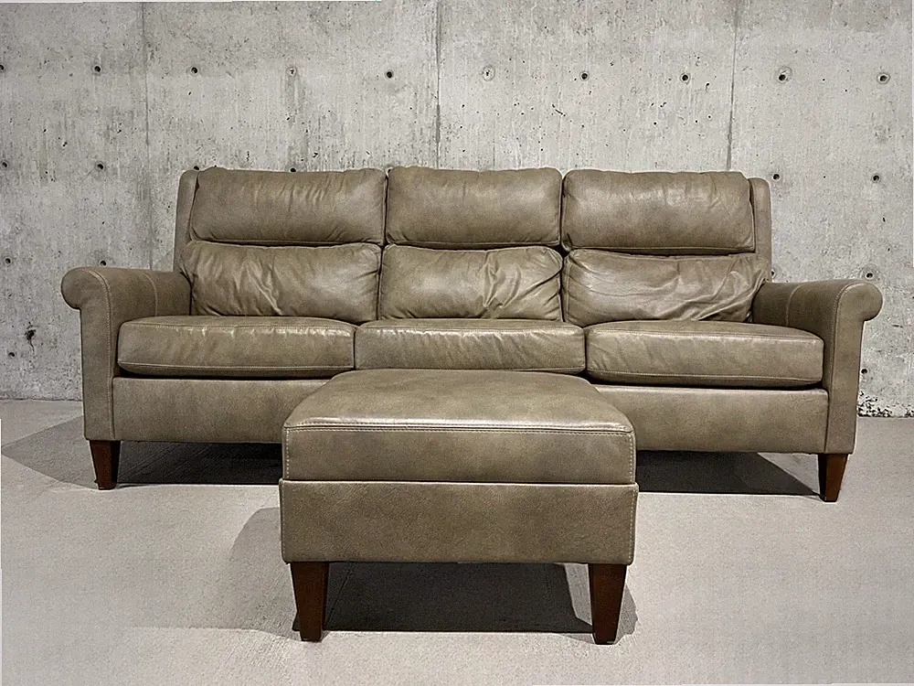 Stickley Brand Woodlands Roll-Arm Leather 3-Seat Sofa & Ottoman