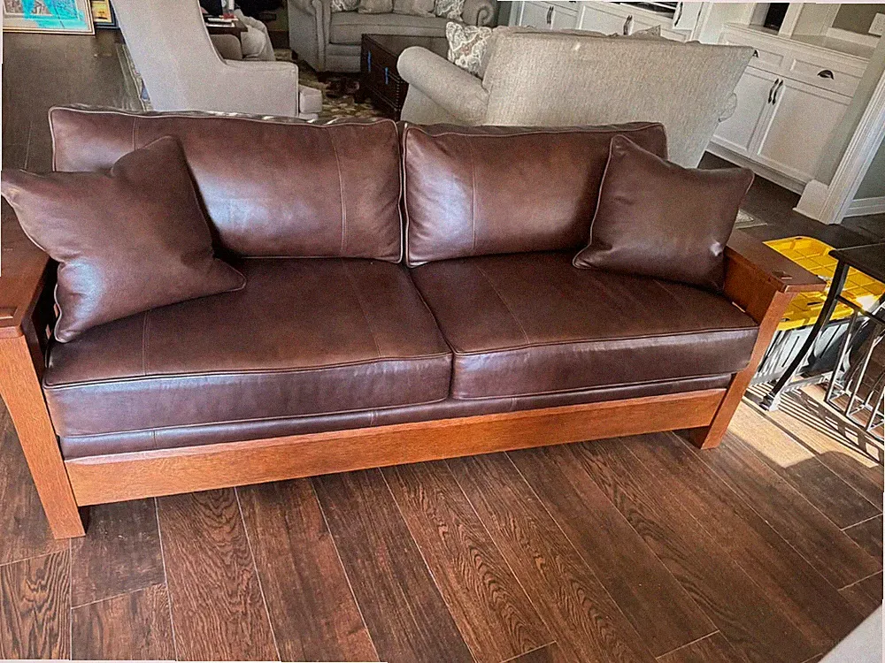 Stickley Mission Oak Leather Sofa with Pillows