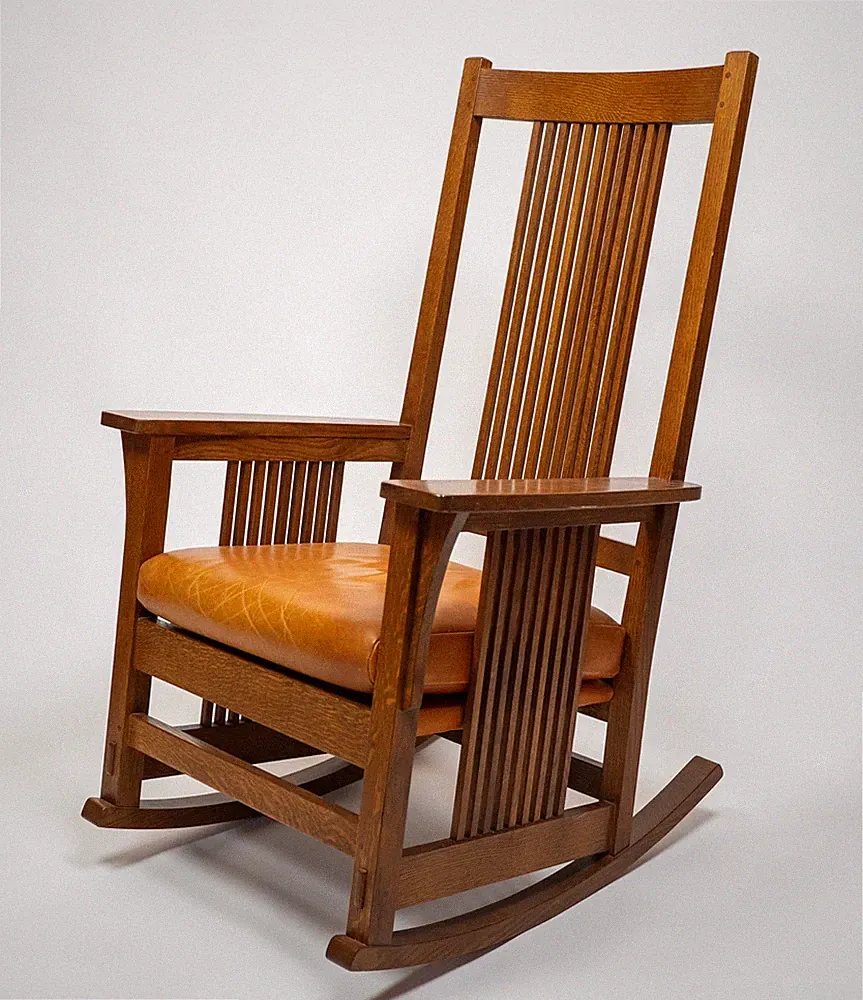 Stickley Mission Oak Rocking Chair Leather Cushion Arts & Crafts Solid Wood