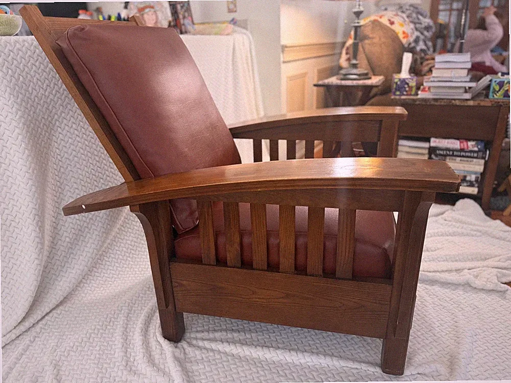 Stickley-style Mission Oak Reclining Chair, Leather covered - with Ottoman